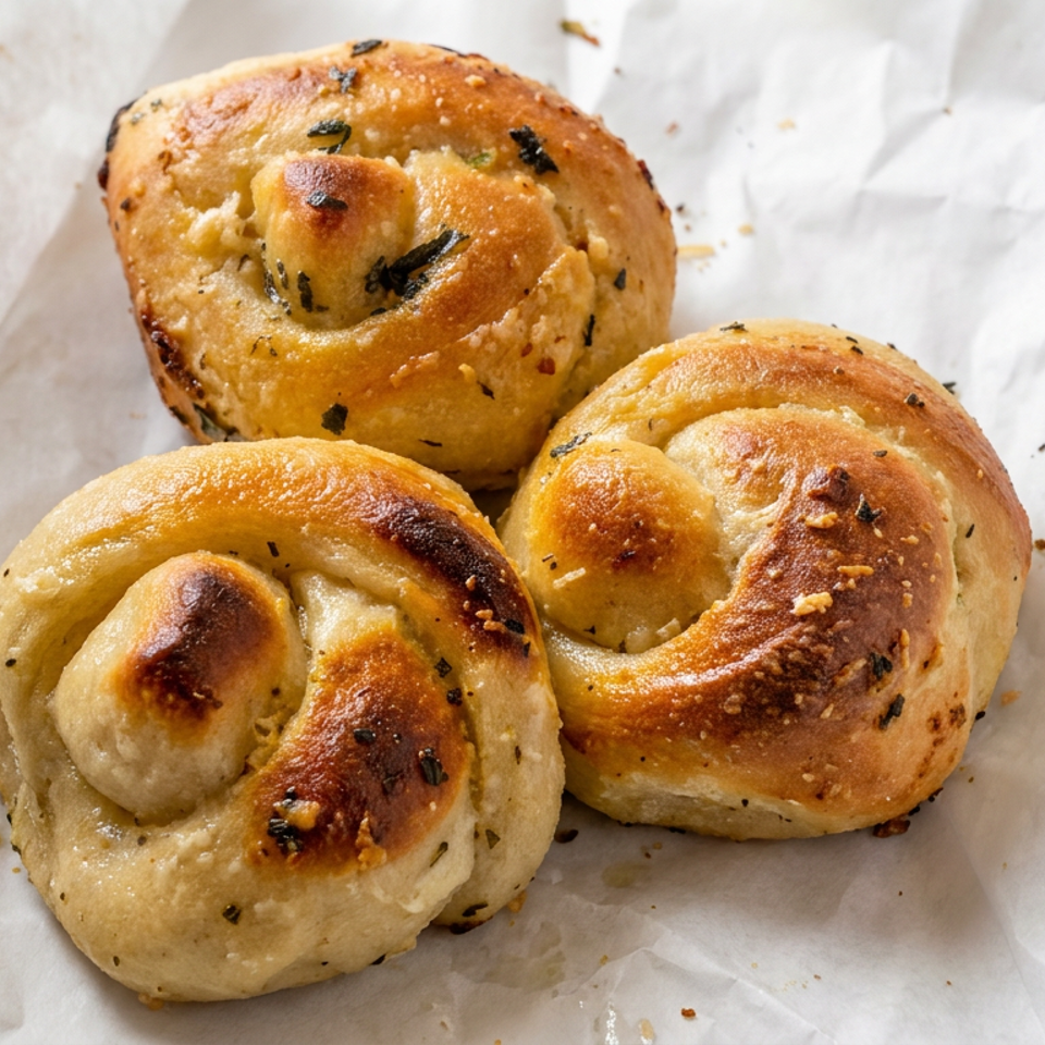 Three golden-brown herb-seasoned spiral rolls arranged on crinkled white parchment paper.