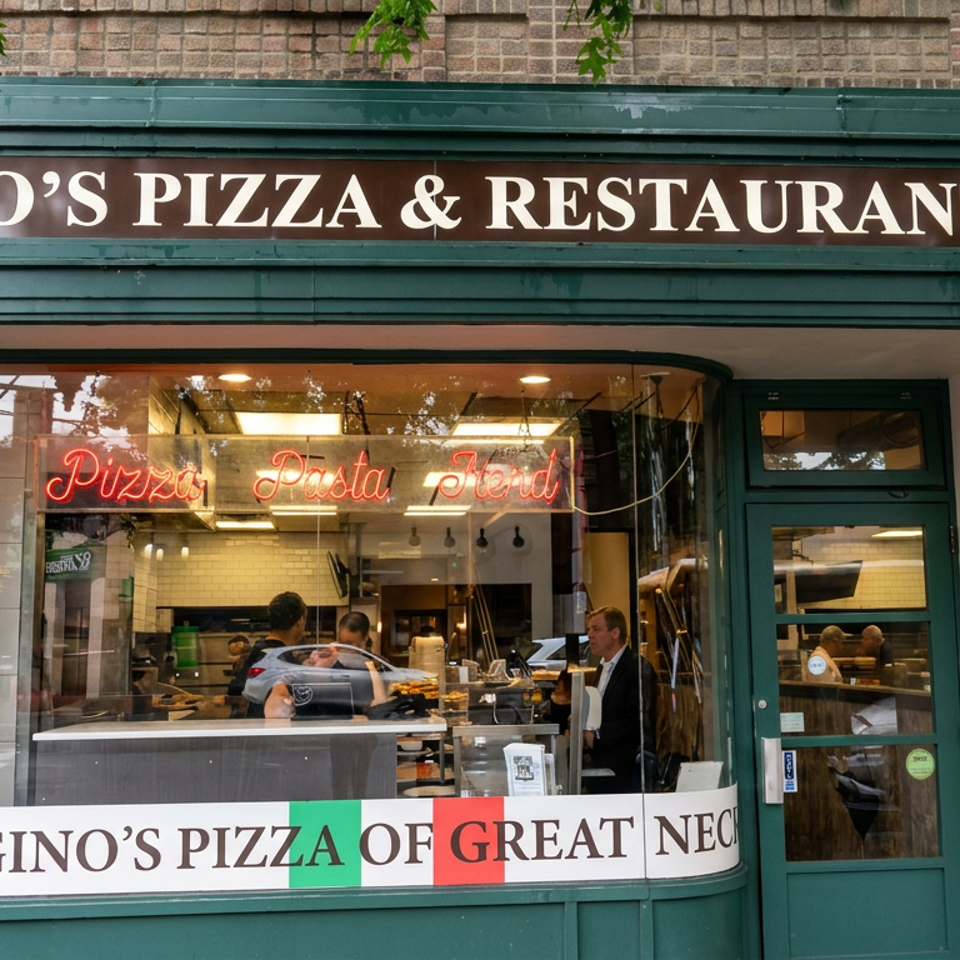 Gino’s Pizza & Restaurant storefront with green trim, neon pizza pasta grill sign, food displays, and staff visible through the window.